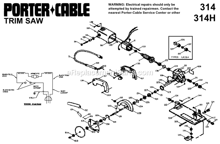 Porter Cable 314H (Type 1) Heritage Trim Saw Power Tool Page A Diagram